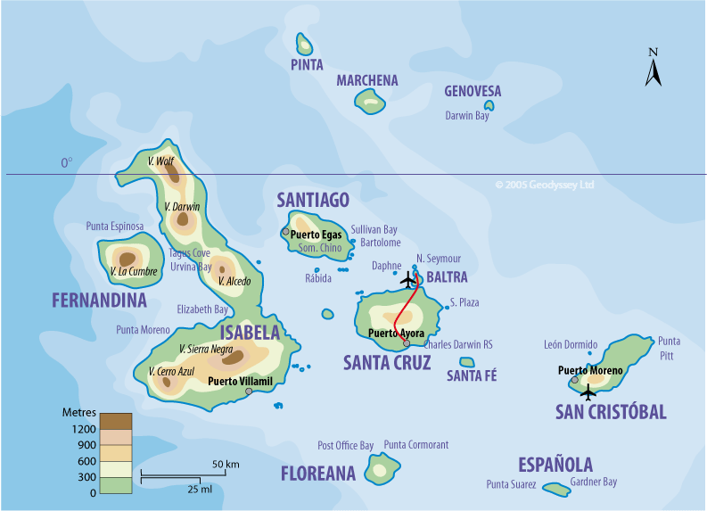 Karta över Galapagos med namnen på öarna och större byar